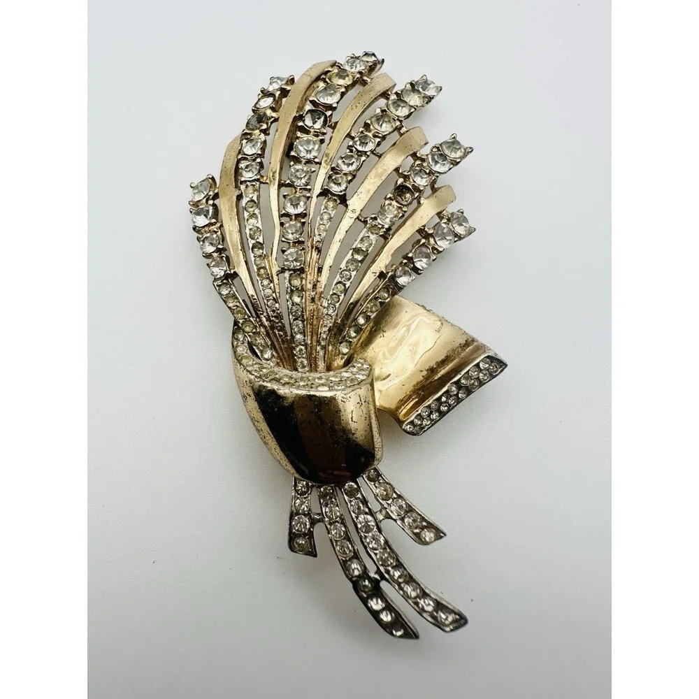 Vintage Coro Craft Sterling Brooch Vermeil Rhinestone Flower Bouquet  READ